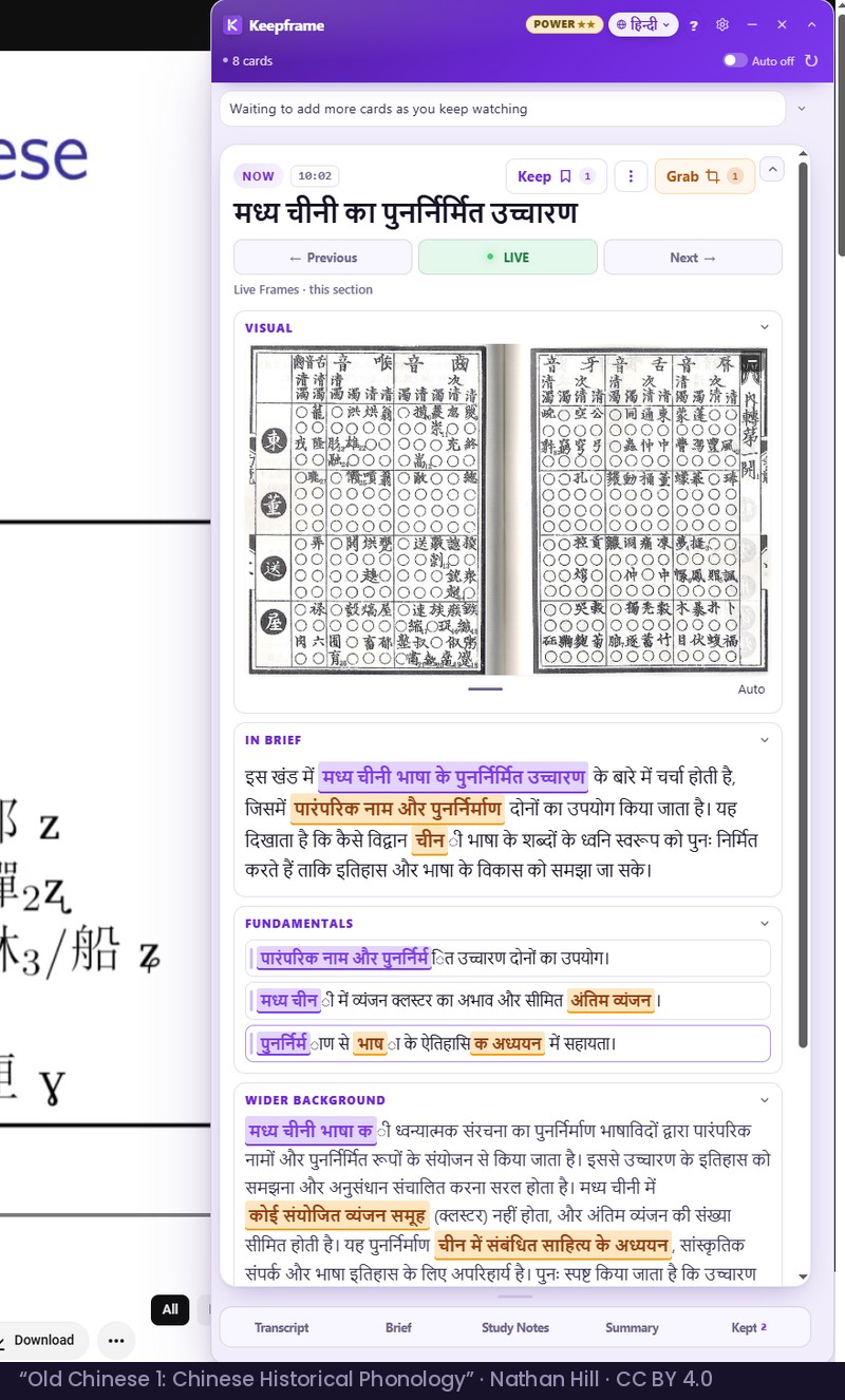 A Leiden linguistics lecture with the Keepframe panel written in Hindi, the card illustrated with a page from a historical rhyme dictionary