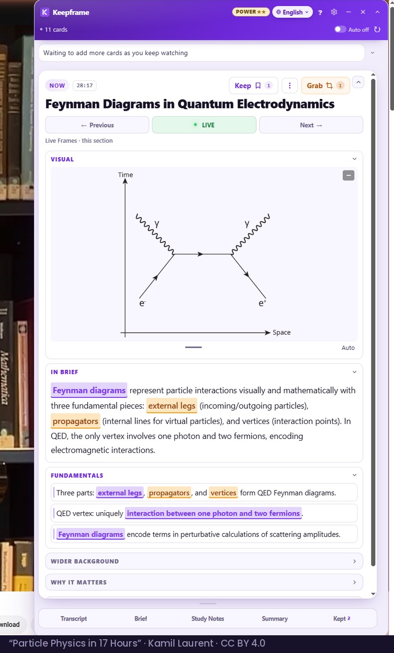 A seventeen-hour physics lecture with the Keepframe panel open, showing a Live Frame on Feynman diagrams illustrated with the diagram itself