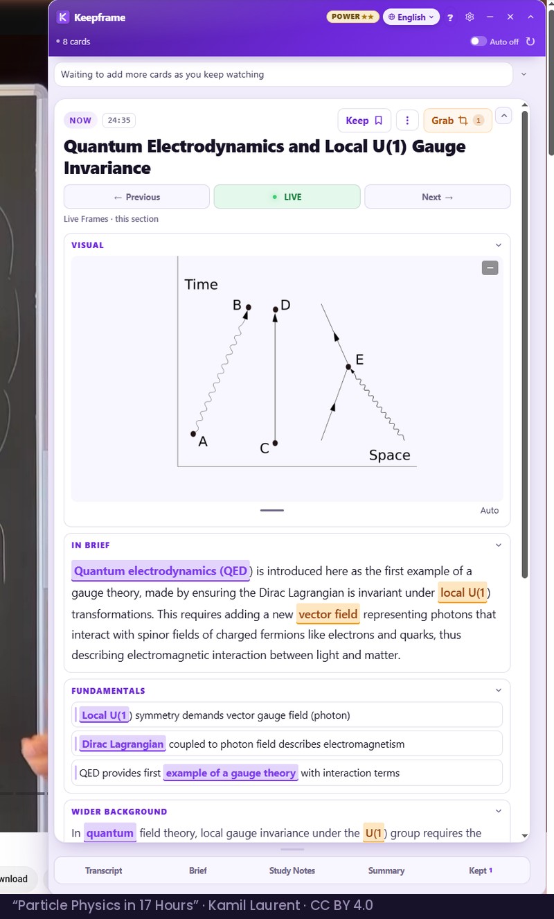 A seventeen-hour physics lecture with the Keepframe panel open, showing a Live Frame on quantum electrodynamics illustrated with a spacetime diagram