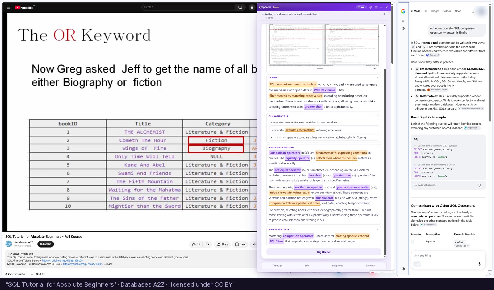 A highlighted term from a Live Frame searched beside a database lecture, the answer open in its own window next to YouTube