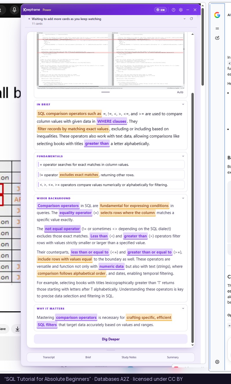 A highlighted term from a Live Frame searched beside a database lecture, the answer open in its own window next to YouTube
