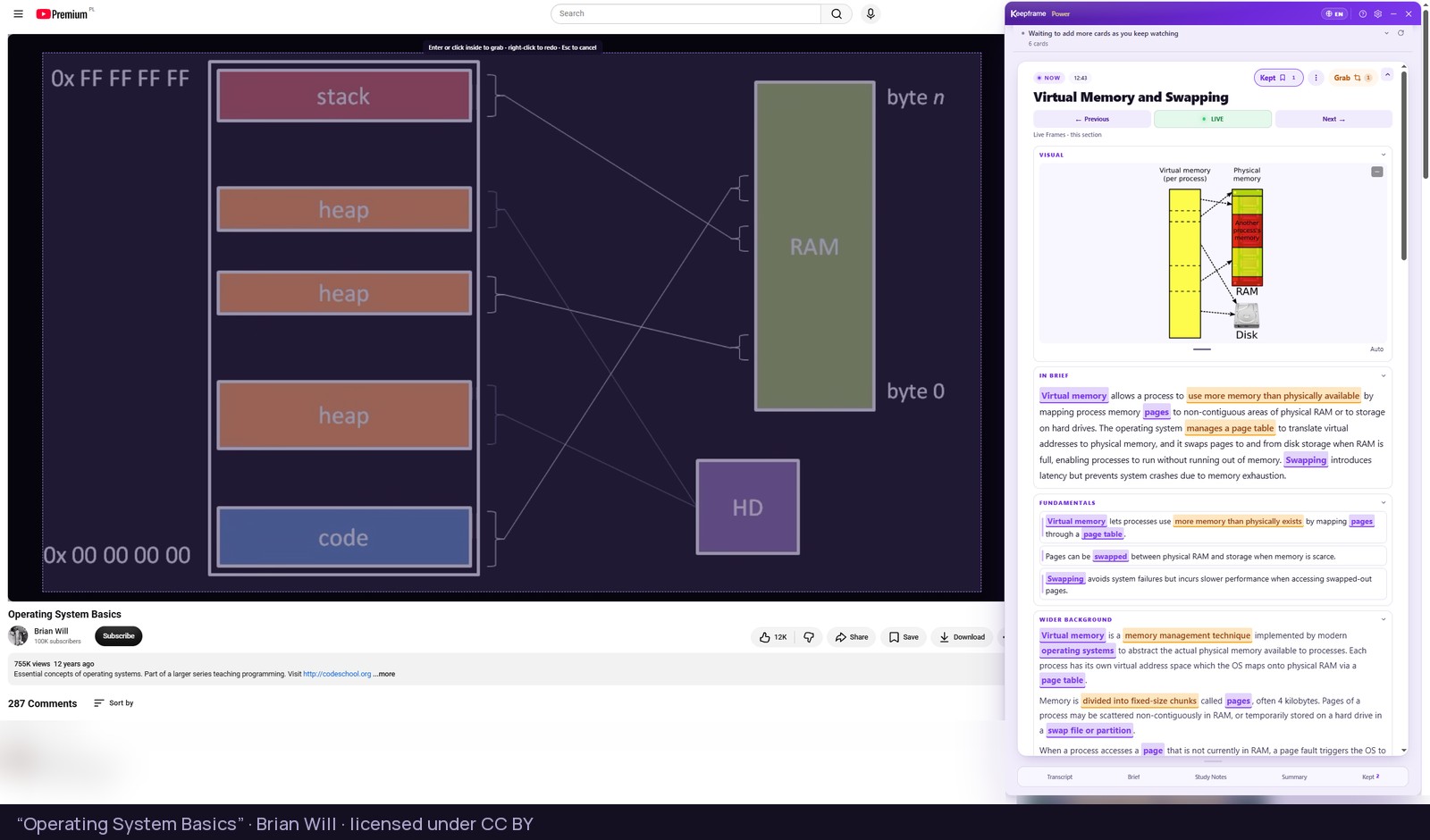 An operating systems lecture with Grab active over the slide on screen, and the Keepframe panel beside it showing the Live Frame on virtual memory