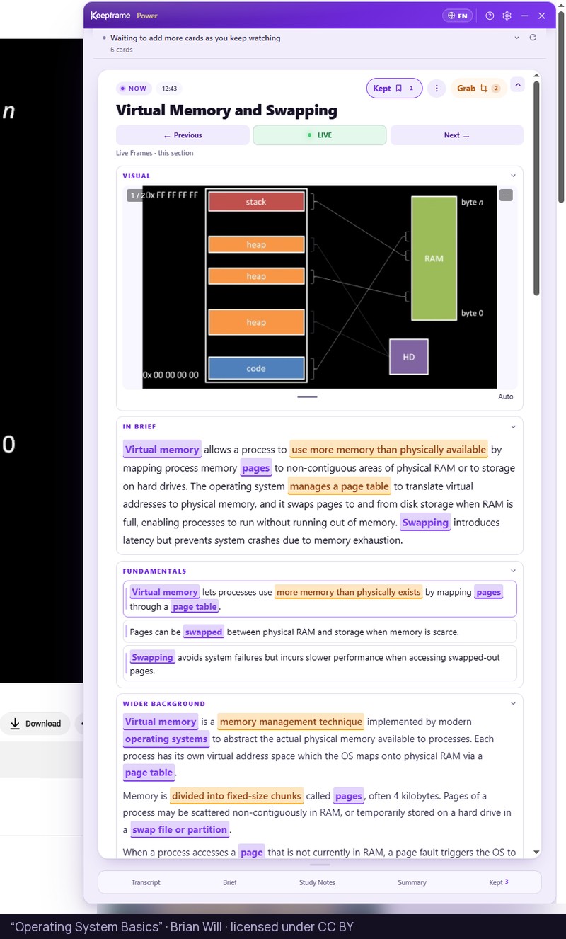 The Keepframe panel beside an operating systems lecture, with a Snapshot of the slide saved into the Live Frame on virtual memory