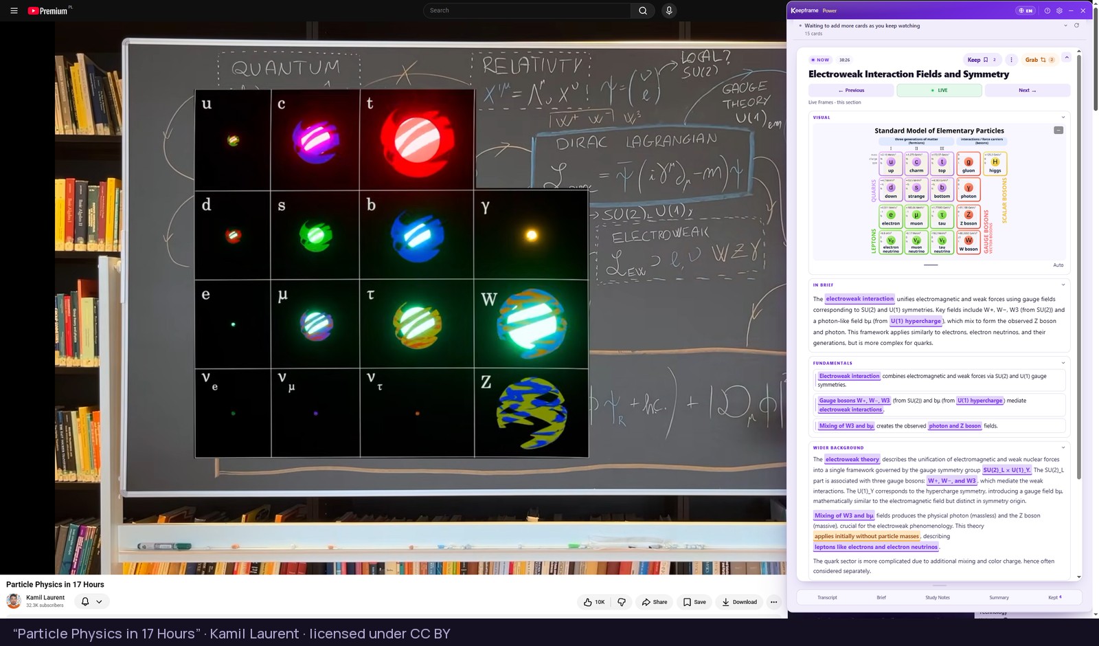 A seventeen-hour physics lecture on YouTube, the Standard Model of particles on screen, with the Keepframe panel beside it showing the Live Frame for that moment