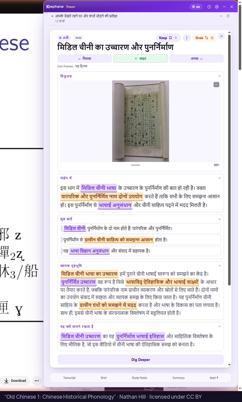 A Leiden linguistics lecture with the Keepframe panel written in Hindi, the card illustrated with a page of a historical Chinese text