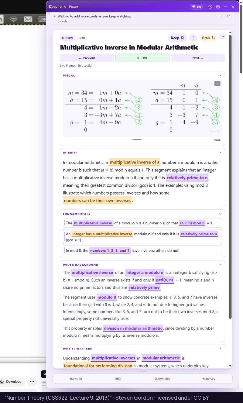 A number theory lecture with the Keepframe panel open, showing a Live Frame on the multiplicative inverse in modular arithmetic illustrated with the worked example