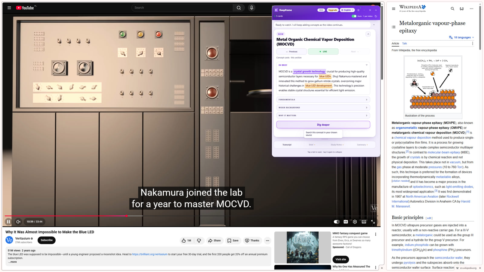 Keepframe Dig Deeper opening a concept from a Veritasium video in the user's chosen source