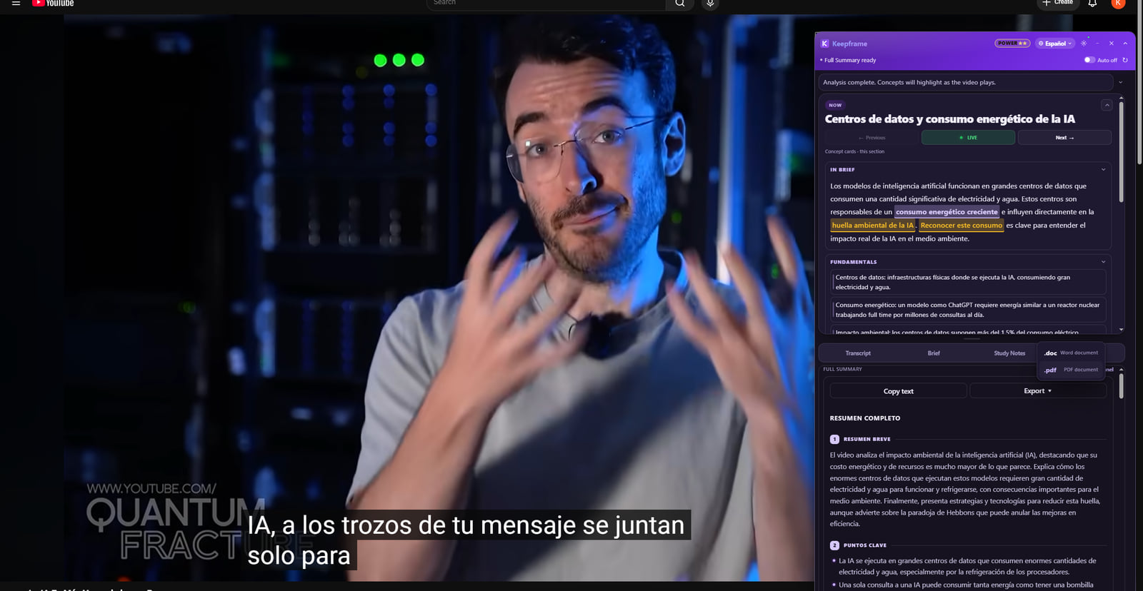 Keepframe generating a Full Summary in Spanish from a QuantumFracture video