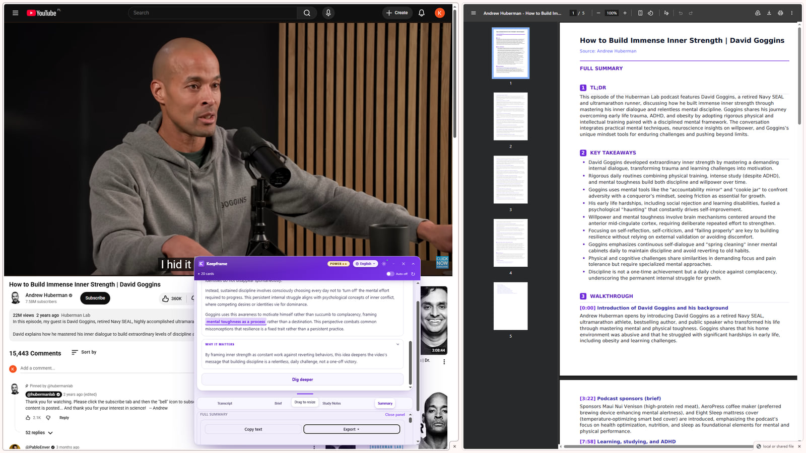 Keepframe Full Summary of a long Huberman Lab podcast, exported to PDF