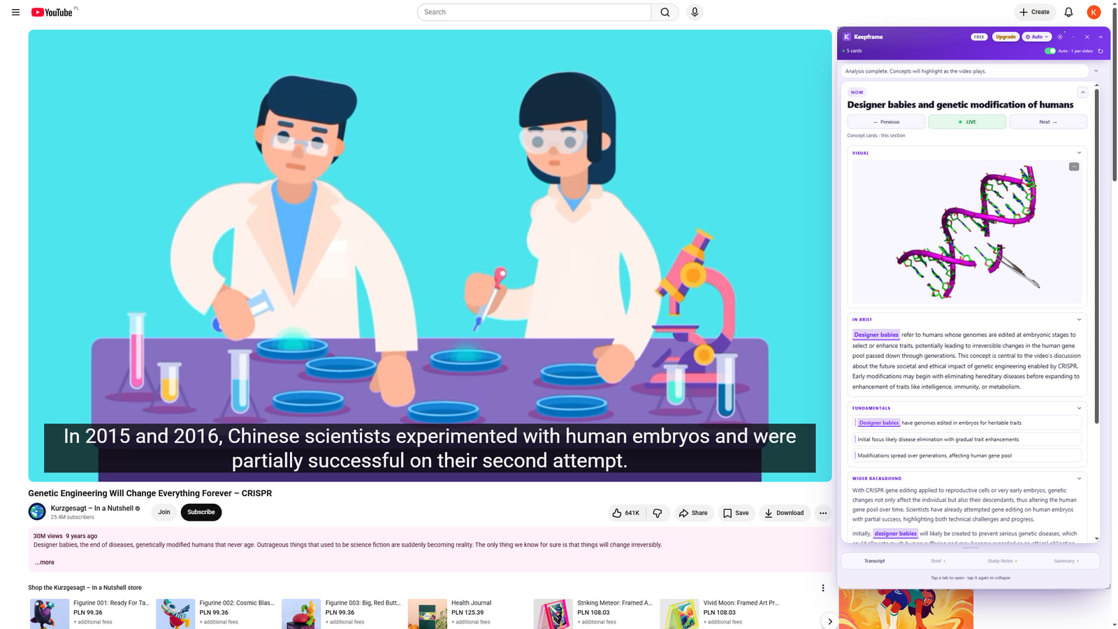Keepframe live concept cards following a Kurzgesagt science video on YouTube